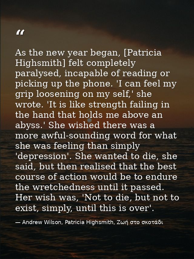 As the new year began, [Patricia Highsmith] felt completely paralysed, incapable of reading or picking up the phone. 'I  — Andrew Wilson, Patricia Highsmith, Ζωή στο σκοτάδι