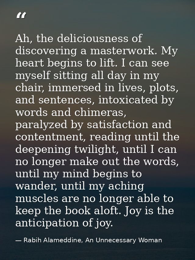 Ah, the deliciousness of discovering a masterwork. My heart begins to lift. I can see myself sitting all day in my chair — Rabih Alameddine, An Unnecessary Woman