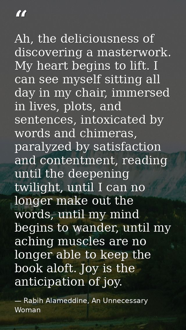 Ah, the deliciousness of discovering a masterwork. My heart begins to lift. I can see myself sitting all day in my chair — Rabih Alameddine, An Unnecessary Woman