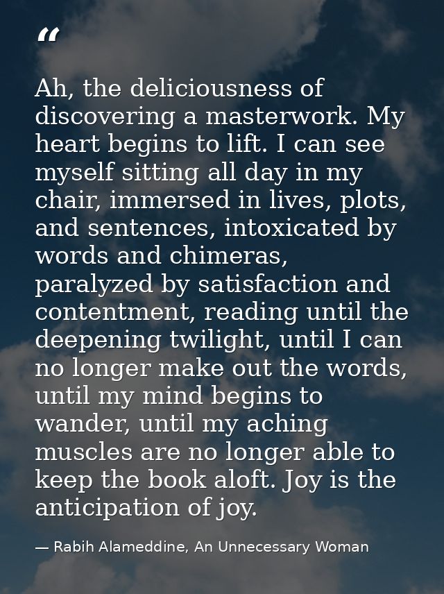 Ah, the deliciousness of discovering a masterwork. My heart begins to lift. I can see myself sitting all day in my chair — Rabih Alameddine, An Unnecessary Woman