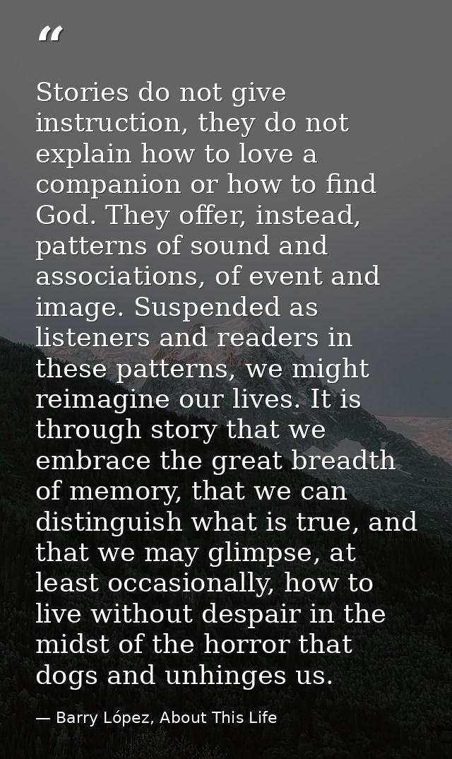 Stories do not give instruction, they do not explain how to love a companion or how to find God. They offer, instead, pa — Barry López, About This Life