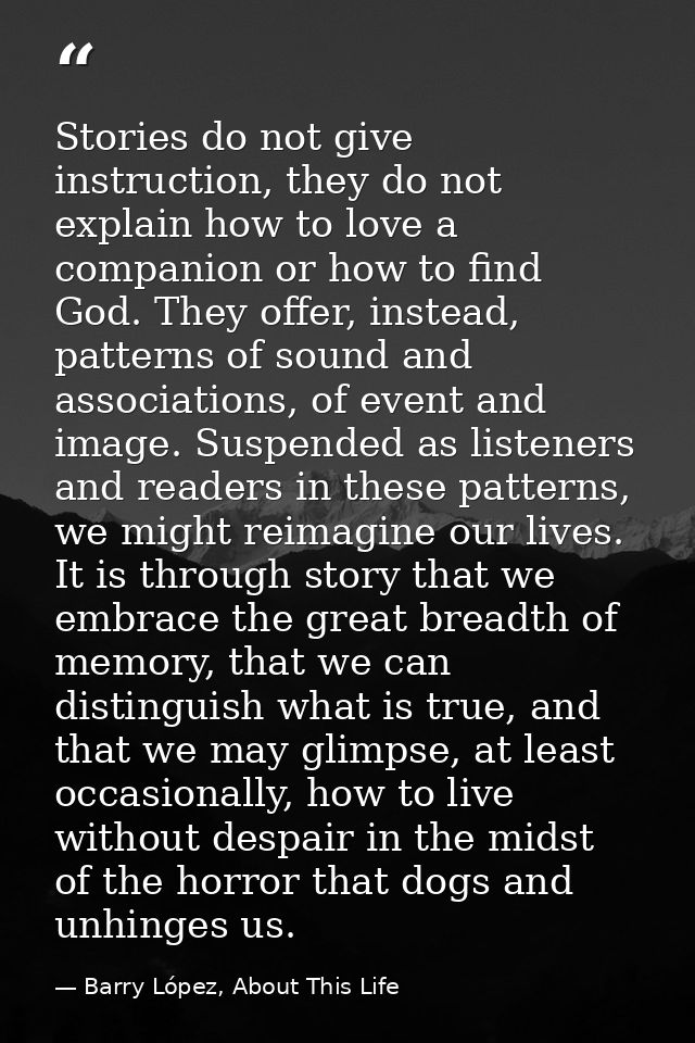 Stories do not give instruction, they do not explain how to love a companion or how to find God. They offer, instead, pa — Barry López, About This Life