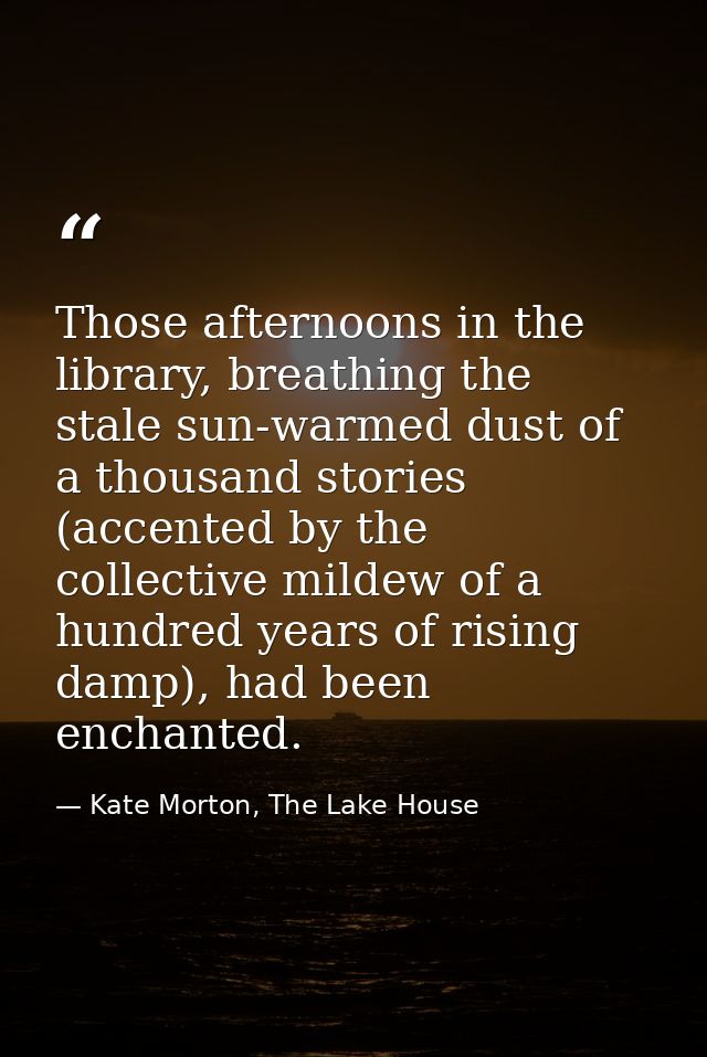 Those afternoons in the library, breathing the stale sun-warmed dust of a thousand stories (accented by the collective m — Kate Morton, The Lake House