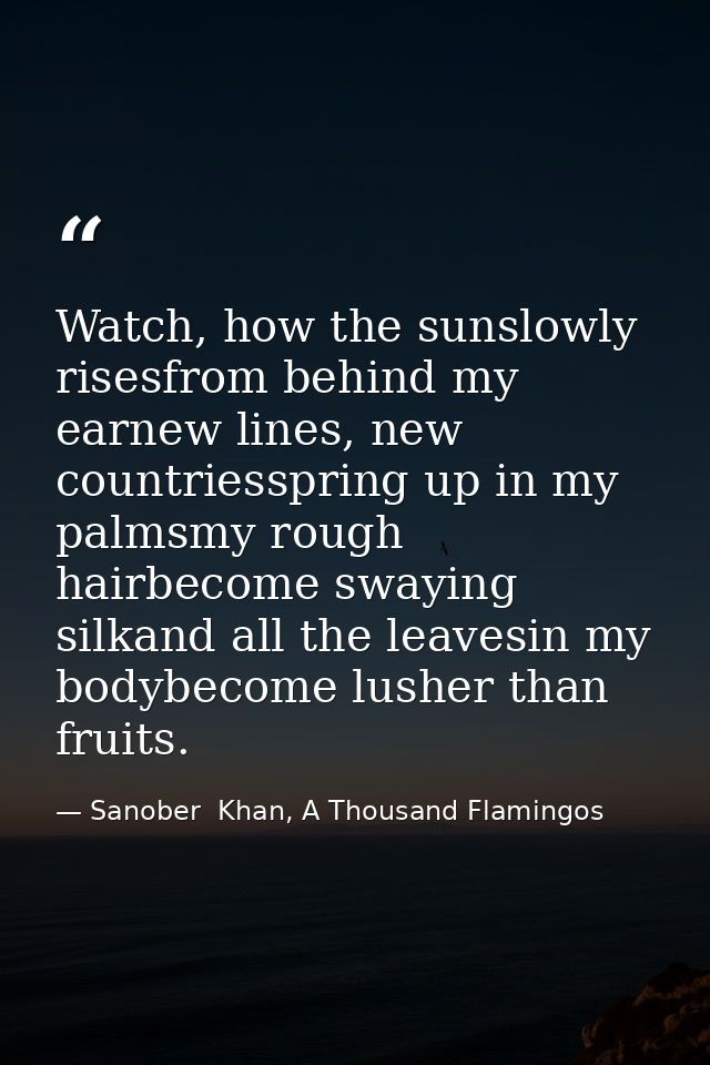 Watch, how the sunslowly risesfrom behind my earnew lines, new countriesspring up in my palmsmy rough hairbecome swaying — Sanober  Khan, A Thousand Flamingos