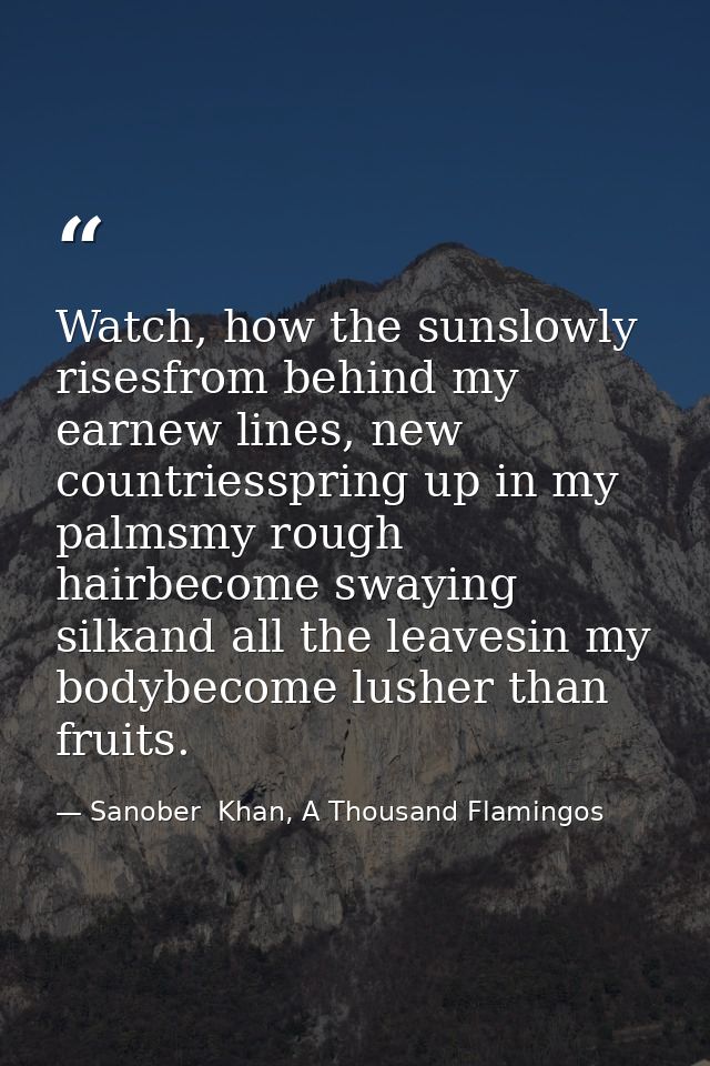 Watch, how the sunslowly risesfrom behind my earnew lines, new countriesspring up in my palmsmy rough hairbecome swaying — Sanober  Khan, A Thousand Flamingos