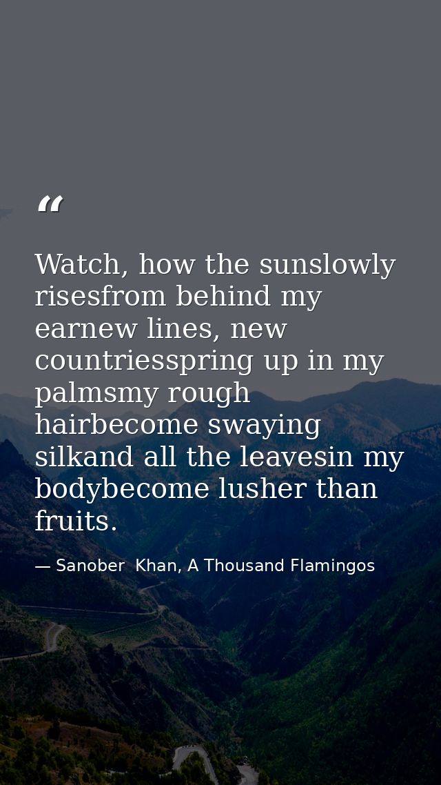Watch, how the sunslowly risesfrom behind my earnew lines, new countriesspring up in my palmsmy rough hairbecome swaying — Sanober  Khan, A Thousand Flamingos
