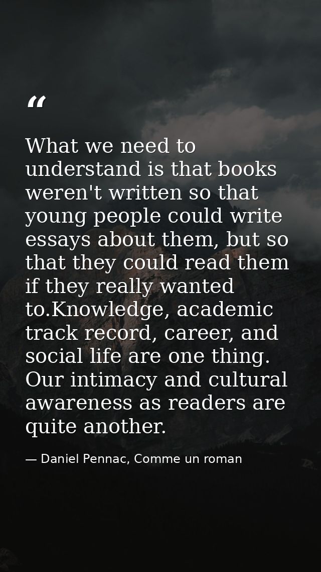 What we need to understand is that books weren't written so that young people could write essays about them, but so that — Daniel Pennac, Comme un roman