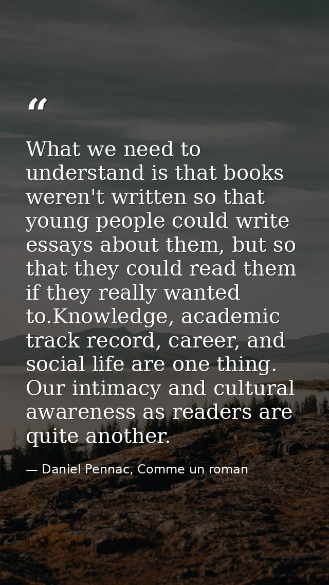 What we need to understand is that books weren't written so that young people could write essays about them, but so that — Daniel Pennac, Comme un roman