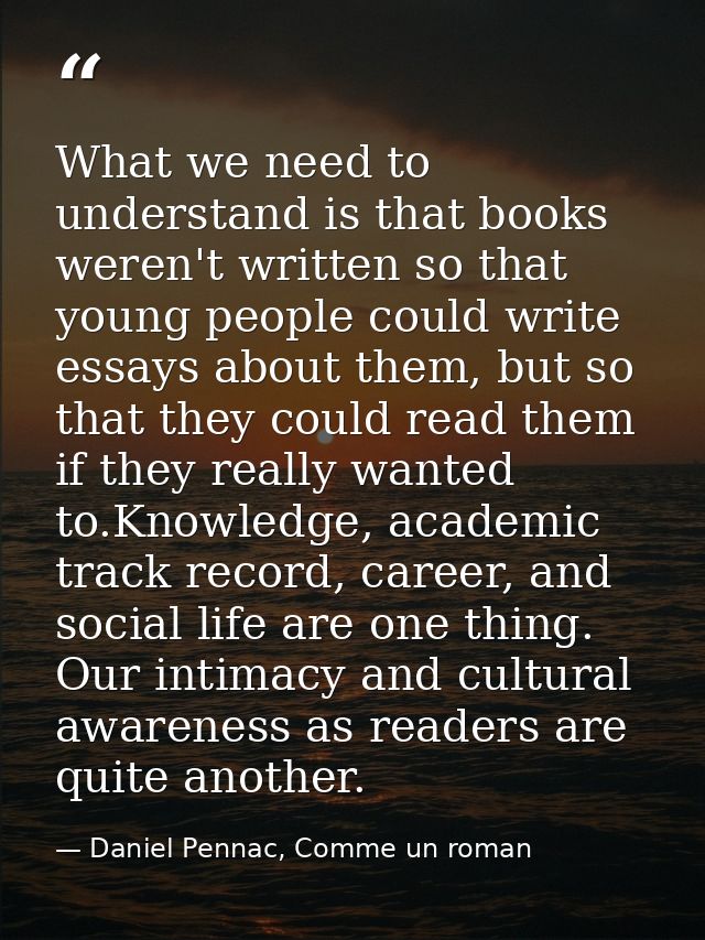 What we need to understand is that books weren't written so that young people could write essays about them, but so that — Daniel Pennac, Comme un roman