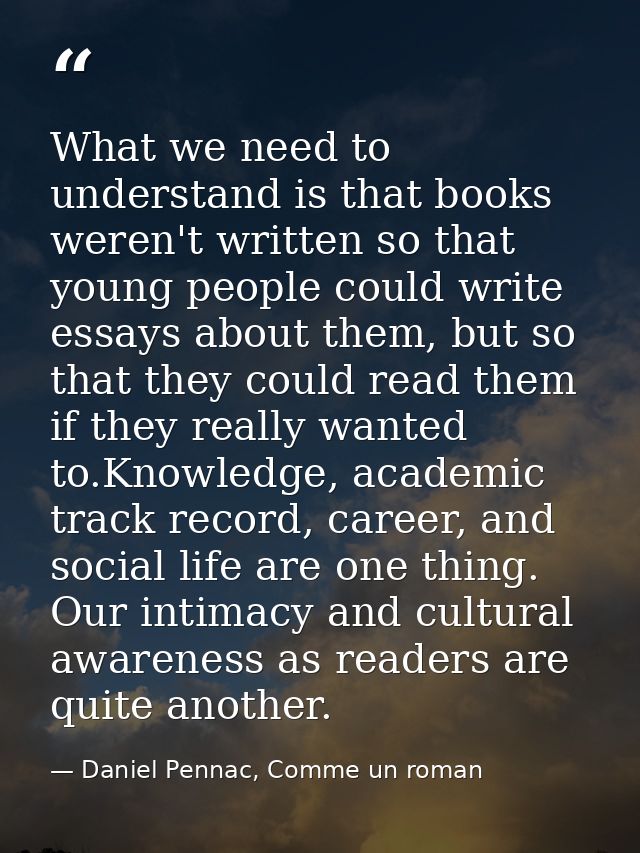What we need to understand is that books weren't written so that young people could write essays about them, but so that — Daniel Pennac, Comme un roman