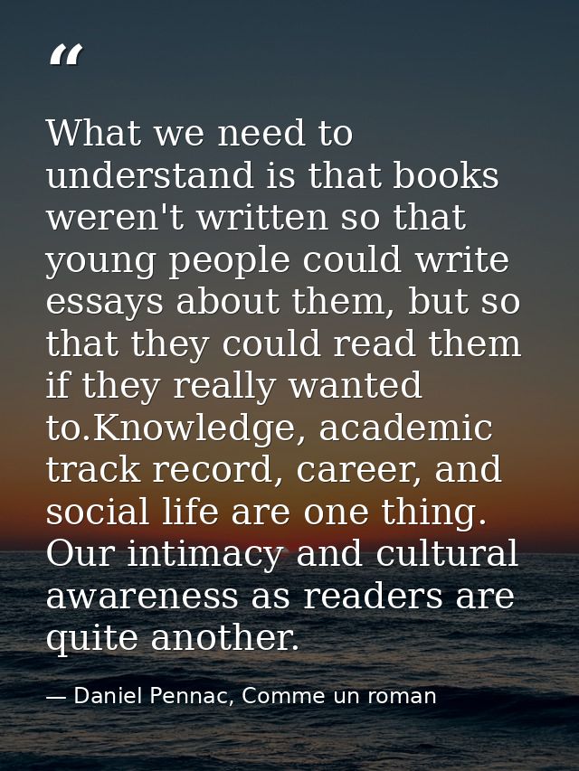 What we need to understand is that books weren't written so that young people could write essays about them, but so that — Daniel Pennac, Comme un roman
