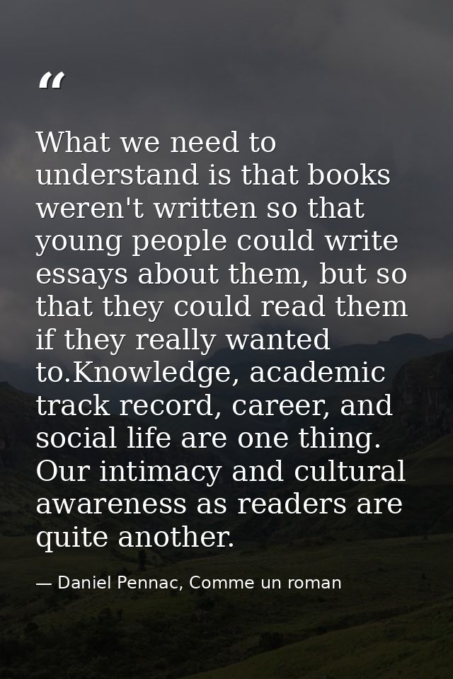 What we need to understand is that books weren't written so that young people could write essays about them, but so that — Daniel Pennac, Comme un roman