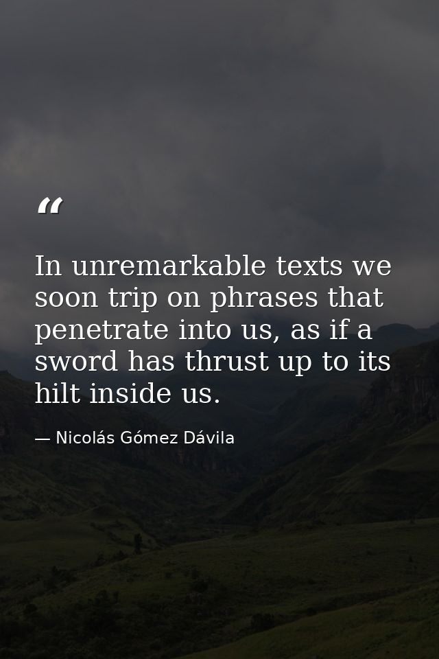 In unremarkable texts we soon trip on phrases that penetrate into us, as if a sword has thrust up to its hilt inside us. — Nicolás Gómez Dávila