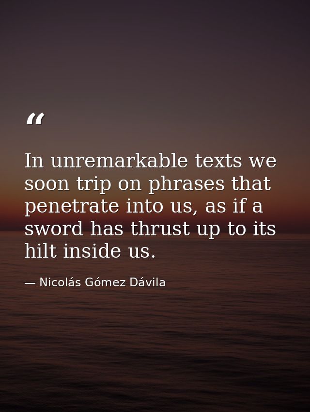 In unremarkable texts we soon trip on phrases that penetrate into us, as if a sword has thrust up to its hilt inside us. — Nicolás Gómez Dávila