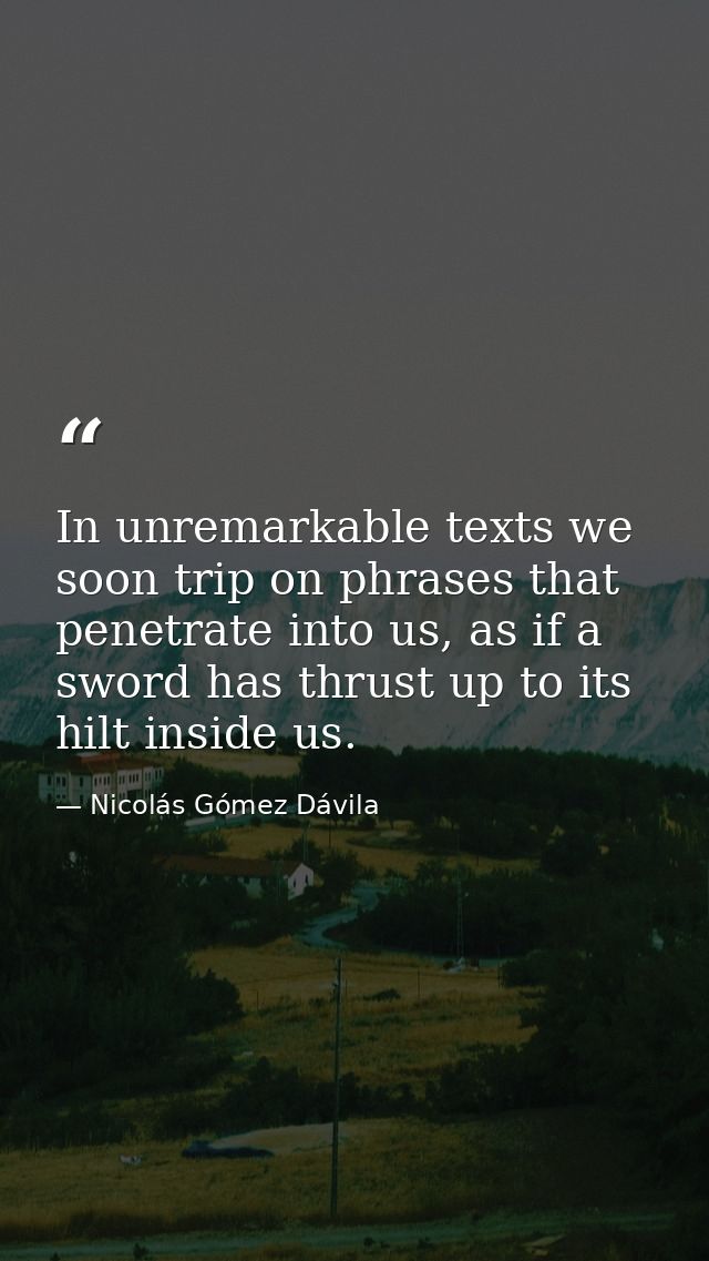 In unremarkable texts we soon trip on phrases that penetrate into us, as if a sword has thrust up to its hilt inside us. — Nicolás Gómez Dávila