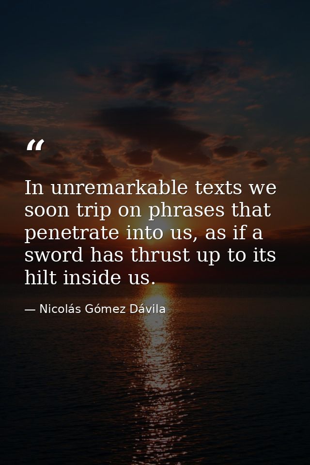 In unremarkable texts we soon trip on phrases that penetrate into us, as if a sword has thrust up to its hilt inside us. — Nicolás Gómez Dávila
