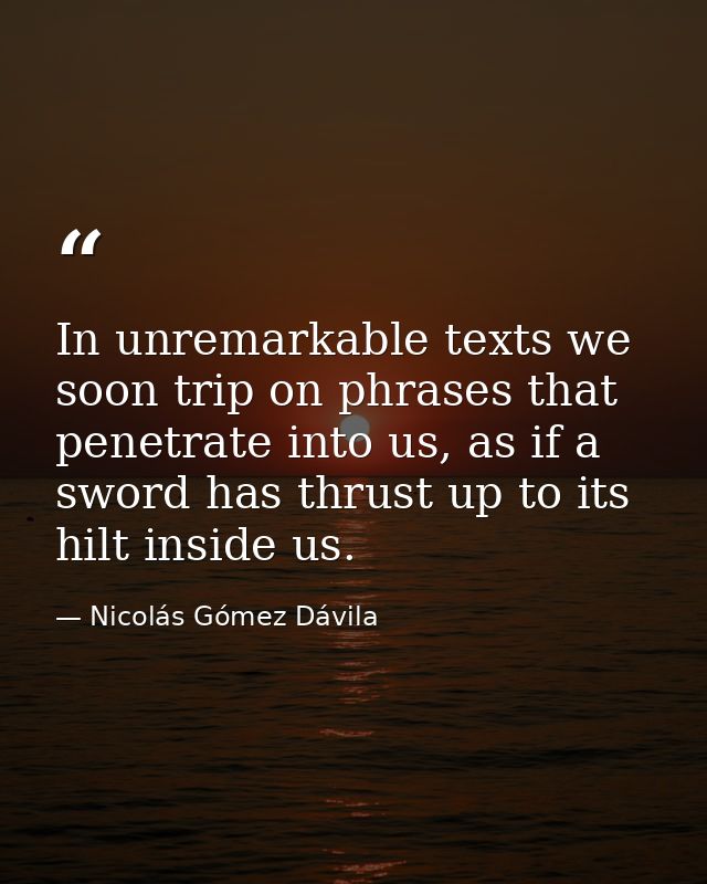 In unremarkable texts we soon trip on phrases that penetrate into us, as if a sword has thrust up to its hilt inside us. — Nicolás Gómez Dávila