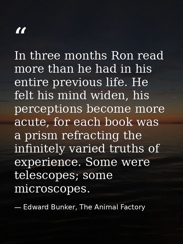 In three months Ron read more than he had in his entire previous life. He felt his mind widen, his perceptions become mo — Edward Bunker, The Animal Factory