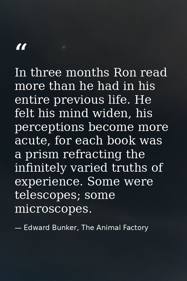 In three months Ron read more than he had in his entire previous life. He felt his mind widen, his perceptions become mo — Edward Bunker, The Animal Factory