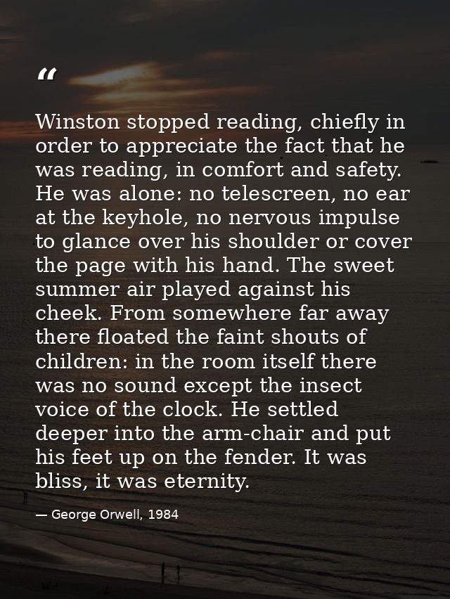 Winston stopped reading, chiefly in order to appreciate the fact that he was reading, in comfort and safety. He was alon — George Orwell, 1984