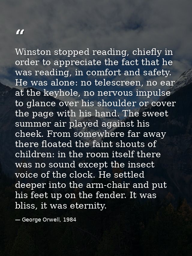 Winston stopped reading, chiefly in order to appreciate the fact that he was reading, in comfort and safety. He was alon — George Orwell, 1984
