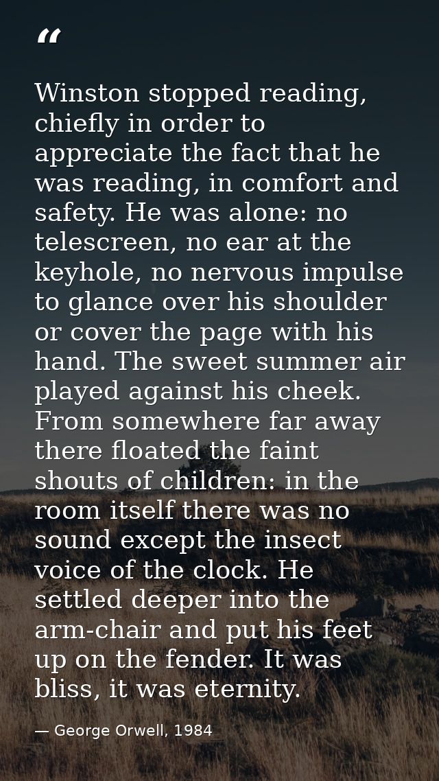 Winston stopped reading, chiefly in order to appreciate the fact that he was reading, in comfort and safety. He was alon — George Orwell, 1984