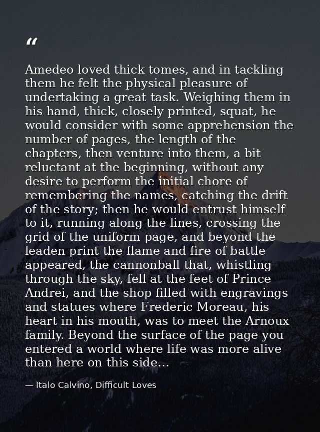 Amedeo loved thick tomes, and in tackling them he felt the physical pleasure of undertaking a great task. Weighing them  — Italo Calvino, Difficult Loves