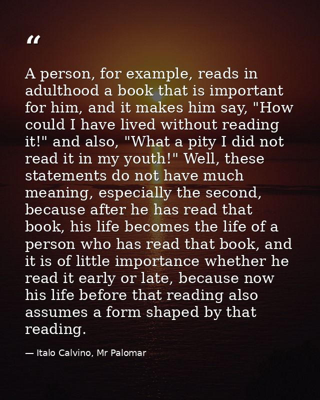 A person, for example, reads in adulthood a book that is important for him, and it makes him say, "How could I have live — Italo Calvino, Mr Palomar