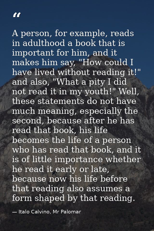 A person, for example, reads in adulthood a book that is important for him, and it makes him say, "How could I have live — Italo Calvino, Mr Palomar