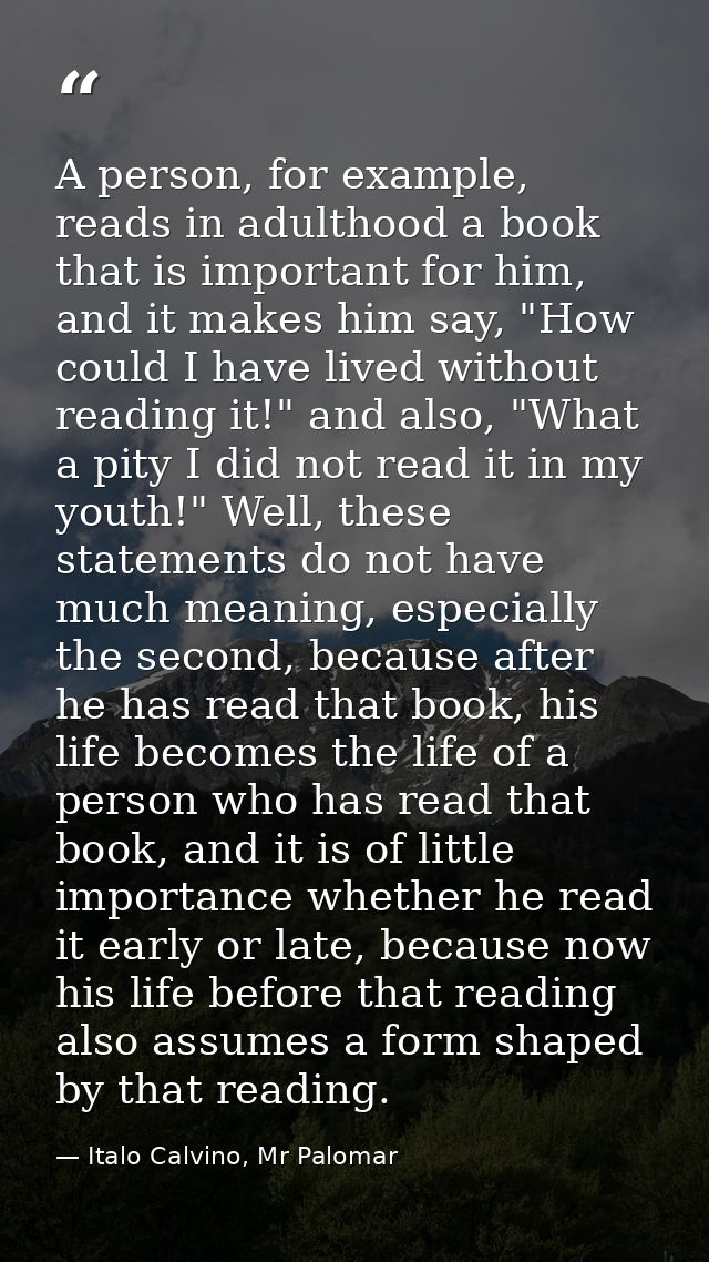 A person, for example, reads in adulthood a book that is important for him, and it makes him say, "How could I have live — Italo Calvino, Mr Palomar