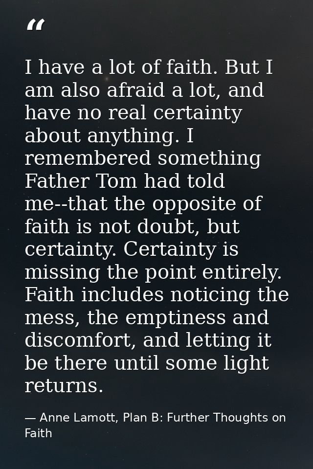I have a lot of faith. But I am also afraid a lot, and have no real certainty about anything. I remembered something Fat — Anne Lamott, Plan B: Further Thoughts on Faith