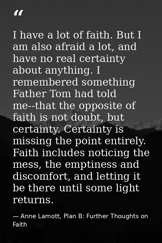 I have a lot of faith. But I am also afraid a lot, and have no real certainty about anything. I remembered something Fat — Anne Lamott, Plan B: Further Thoughts on Faith