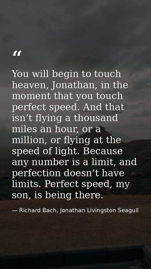 You will begin to touch heaven, Jonathan, in the moment that you touch perfect speed. And that isn’t flying a thousand m — Richard Bach, Jonathan Livingston Seagull