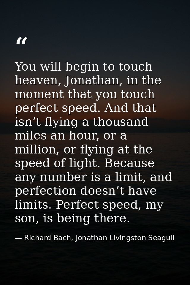 You will begin to touch heaven, Jonathan, in the moment that you touch perfect speed. And that isn’t flying a thousand m — Richard Bach, Jonathan Livingston Seagull