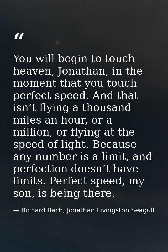 You will begin to touch heaven, Jonathan, in the moment that you touch perfect speed. And that isn’t flying a thousand m — Richard Bach, Jonathan Livingston Seagull