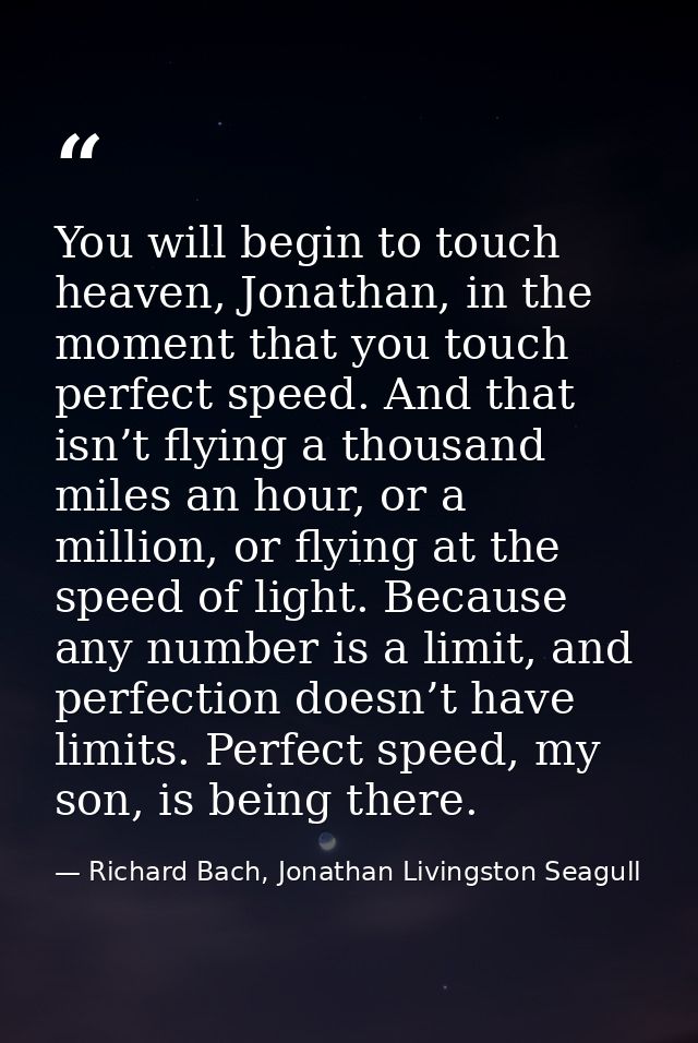 You will begin to touch heaven, Jonathan, in the moment that you touch perfect speed. And that isn’t flying a thousand m — Richard Bach, Jonathan Livingston Seagull