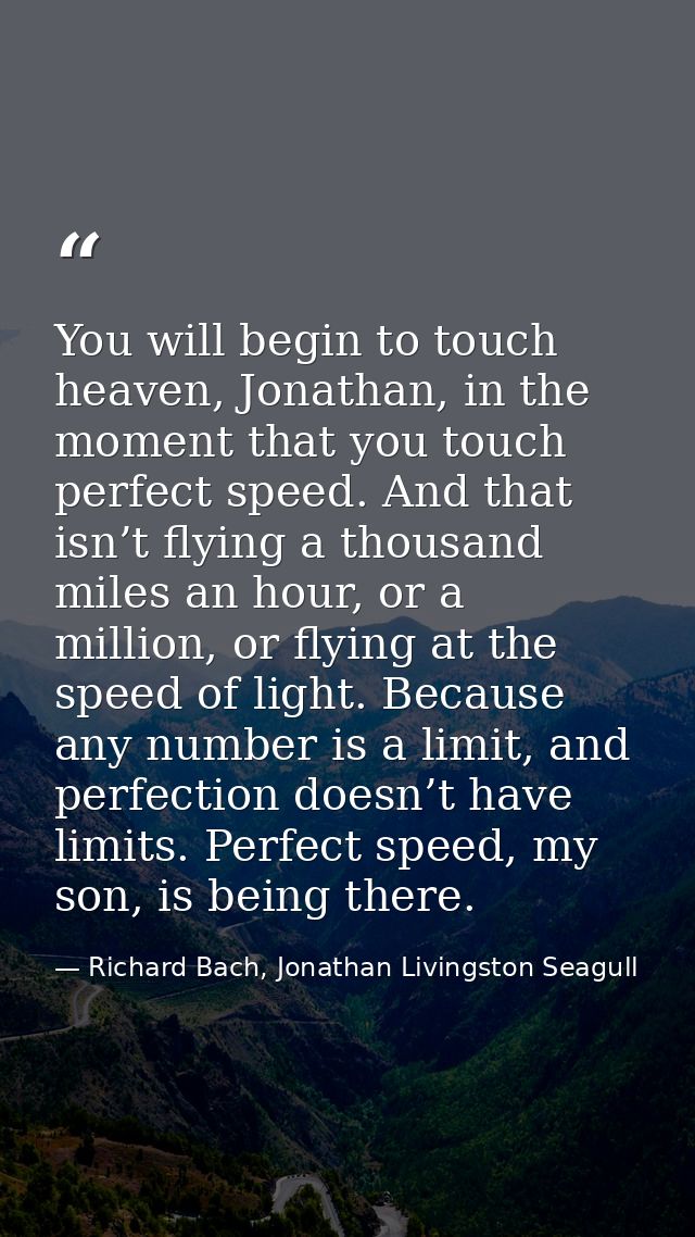 You will begin to touch heaven, Jonathan, in the moment that you touch perfect speed. And that isn’t flying a thousand m — Richard Bach, Jonathan Livingston Seagull