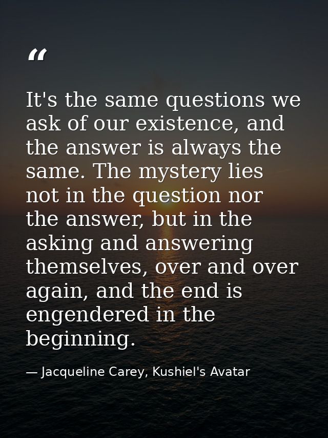 It's the same questions we ask of our existence, and the answer is always the same. The mystery lies not in the question — Jacqueline Carey, Kushiel's Avatar