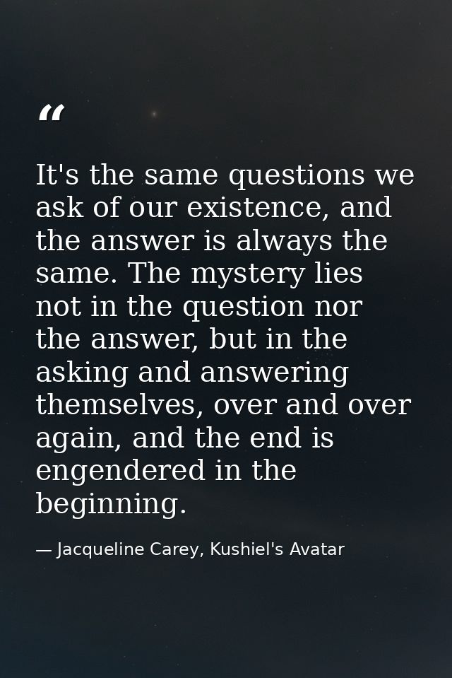 It's the same questions we ask of our existence, and the answer is always the same. The mystery lies not in the question — Jacqueline Carey, Kushiel's Avatar