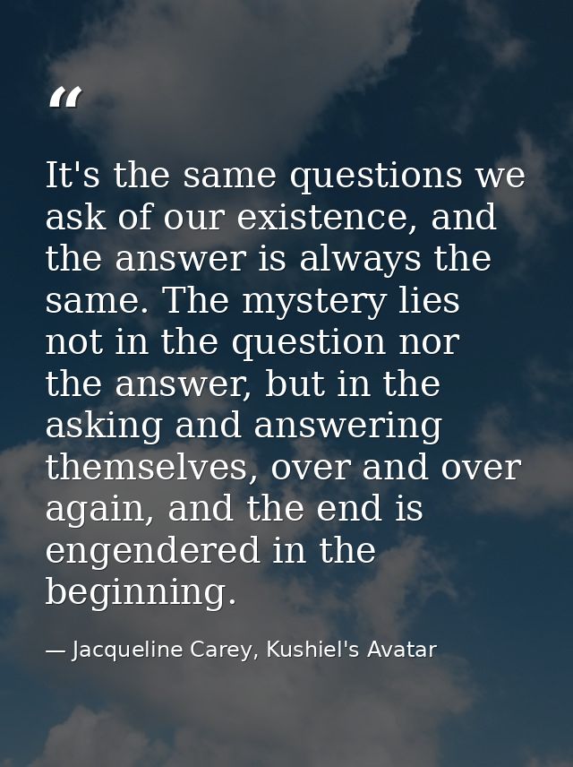 It's the same questions we ask of our existence, and the answer is always the same. The mystery lies not in the question — Jacqueline Carey, Kushiel's Avatar