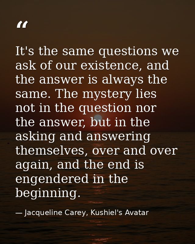 It's the same questions we ask of our existence, and the answer is always the same. The mystery lies not in the question — Jacqueline Carey, Kushiel's Avatar