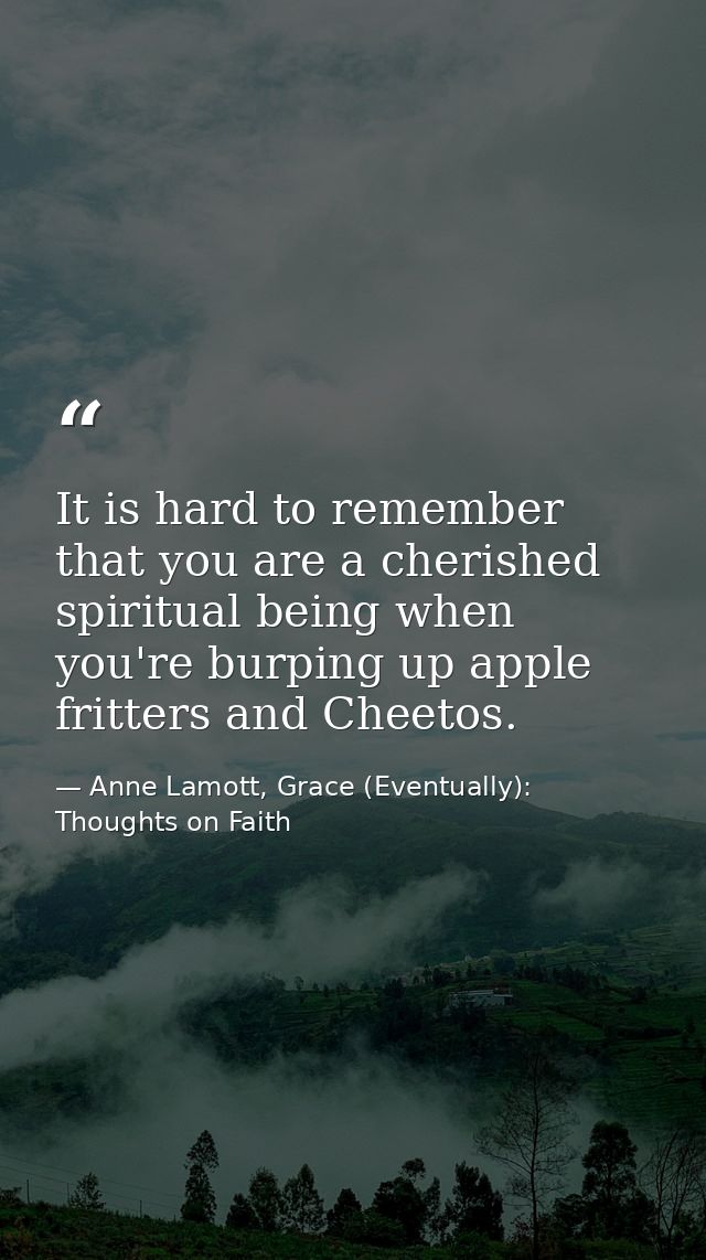 It is hard to remember that you are a cherished spiritual being when you're burping up apple fritters and Cheetos. — Anne Lamott, Grace (Eventually): Thoughts on Faith