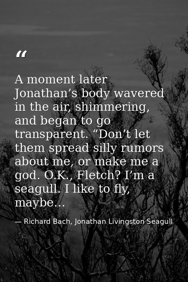 A moment later Jonathan’s body wavered in the air, shimmering, and began to go transparent. “Don’t let them spread silly — Richard Bach, Jonathan Livingston Seagull