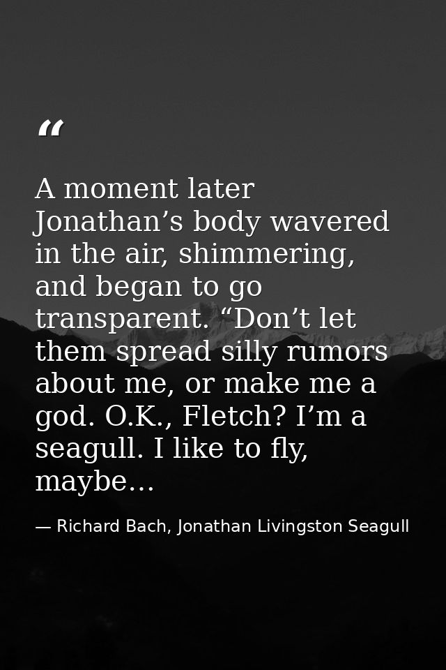 A moment later Jonathan’s body wavered in the air, shimmering, and began to go transparent. “Don’t let them spread silly — Richard Bach, Jonathan Livingston Seagull