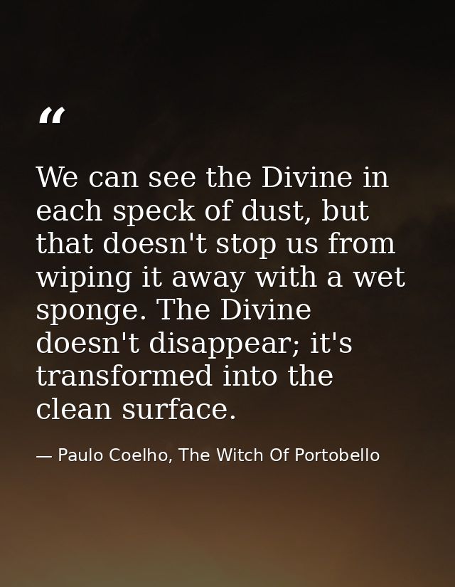 We can see the Divine in each speck of dust, but that doesn't stop us from wiping it away with a wet sponge. The Divine  — Paulo Coelho, The Witch Of Portobello