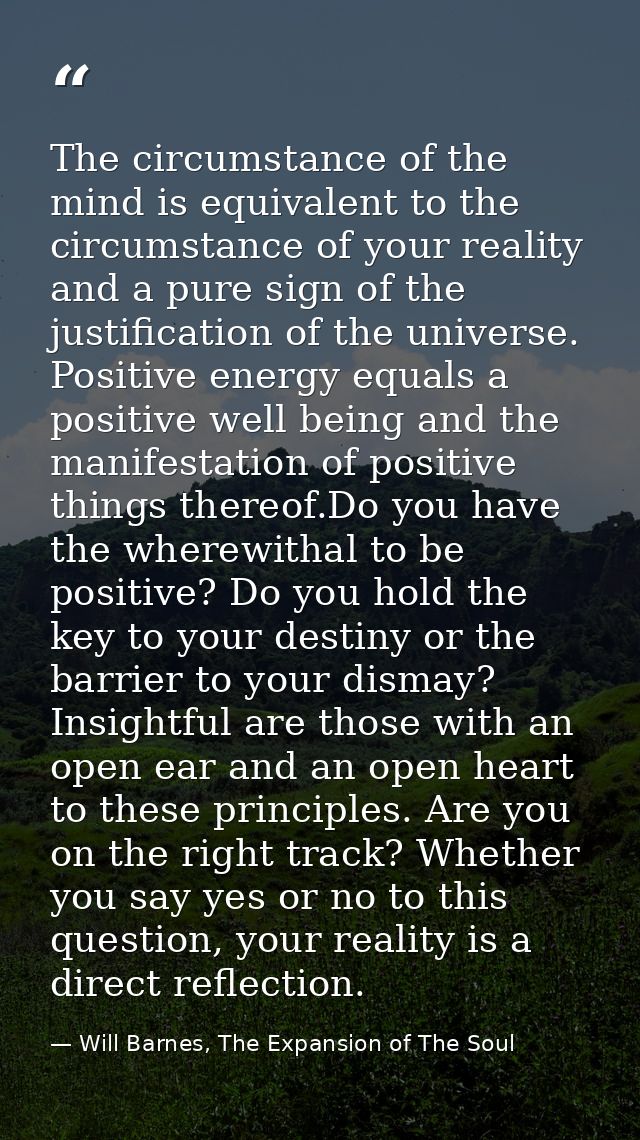 The circumstance of the mind is equivalent to the circumstance of your reality and a pure sign of the justification of t — Will Barnes, The Expansion of The Soul