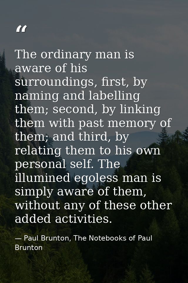 The ordinary man is aware of his surroundings, first, by naming and labelling them; second, by linking them with past me — Paul Brunton, The Notebooks of Paul Brunton