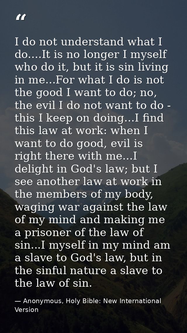 I do not understand what I do....It is no longer I myself who do it, but it is sin living in me...For what I do is not t — Anonymous, Holy Bible: New International Version