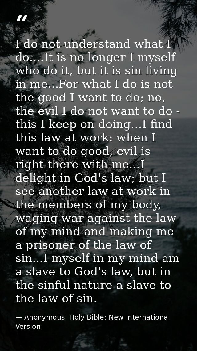 I do not understand what I do....It is no longer I myself who do it, but it is sin living in me...For what I do is not t — Anonymous, Holy Bible: New International Version