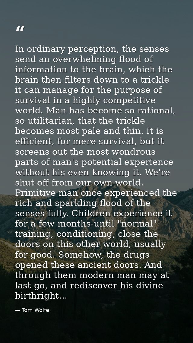 In ordinary perception, the senses send an overwhelming flood of information to the brain, which the brain then filters  — Tom Wolfe